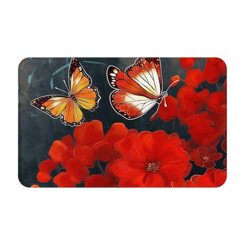Fußmatte für den Innen- und Außenbereich, rote Blumen und Schmetterlinge, leicht zu reinigen, schmutz- und lichtbeständig, saugfähig, Flanell-Badematte, 49,5 x 80 cm von LKWSCGHM
