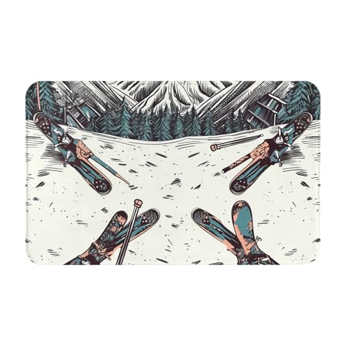 Fußmatte für drinnen und draußen, Willkommensmatte, Skifahren mit Ausrüstung, Fußmatte, leicht zu reinigen, schmutz- und lichtbeständig, saugfähig, Flanell-Badematten, 49,5 x 80,9 cm von LKWSCGHM