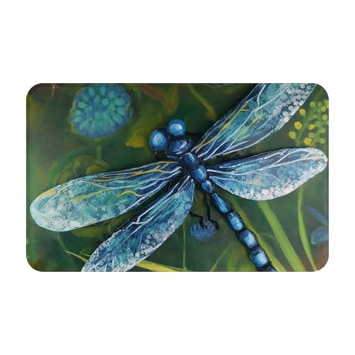 Fußmatte für drinnen und draußen, handbemalt, blaue Libellen-Fußmatte, leicht zu reinigen, schmutz- und lichtbeständig, saugfähig, Flanell-Badematte, 49,5 x 80 cm von LKWSCGHM