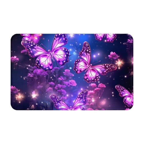 Fußmatte für drinnen und draußen, violett, niedlicher Schmetterlings-Druck, leicht zu reinigen, schmutz- und lichtbeständig, saugfähig, Flanell-Badematten, 49,5 x 80,9 cm von LKWSCGHM