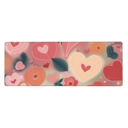 Großes Gaming-Mauspad, XL, 80 x 30 cm, Herzen und Blumen, Schreibtischunterlage für Tastatur und Maus, waschbares Tastatur-Pad mit rutschfester Unterseite, wasserdichtes Mauspad für Gamer, Büro von LKWSCGHM