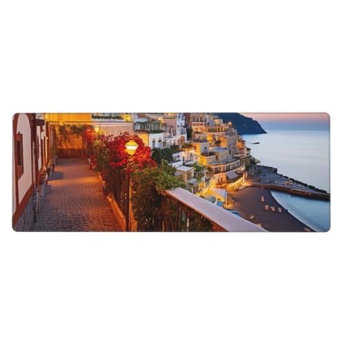 Großes Gaming-Mauspad, XL, 80 x 30 cm, Positano Seaside Sunset Schreibtischunterlage für Tastatur und Maus, waschbares Tastatur-Pad mit rutschfester Unterseite, wasserdichtes Mauspad für Gamer, Büro von LKWSCGHM