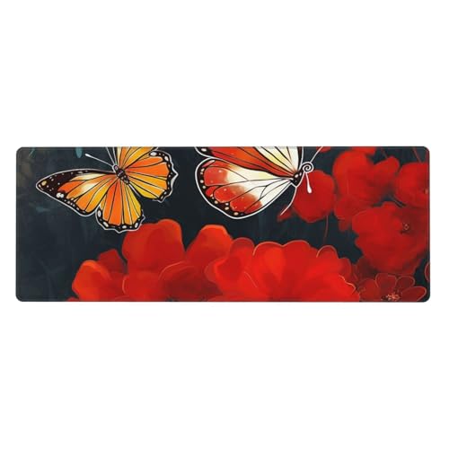 Großes Gaming-Mauspad, XL, 80 x 30 cm, rote Blumen und Schmetterlinge, Schreibtischunterlage für Tastatur und Maus, waschbares Tastatur-Pad mit rutschfester Unterseite, wasserdichtes Mauspad für Gamer Großes Gaming-Mauspad, XL, 80 x 30 cm, rote Blumen und Schmetterlinge, Schreibtischunterlage für Tastatur und Maus, waschbares Tastatur-Pad mit rutschfester Unterseite, wasserdichtes Mauspad für Gamer von LKWSCGHM