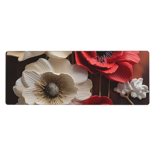 Großes Gaming-Mauspad, XL, 80 x 30 cm, rote und weiße Blumen, Schreibtischunterlage für Tastatur und Maus, waschbares Tastatur-Pad mit rutschfester Unterseite, wasserdichtes Mauspad für Gamer, Büro von LKWSCGHM