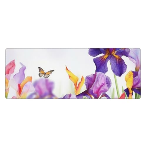 Großes Gaming-Mauspad XL 80 x 30 cm – Iris Flower Butterfly Schreibtischunterlage für Tastatur und Maus, waschbares Tastaturpad mit rutschfester Unterseite, wasserdichtes Mauspad für Gamer, Büro von LKWSCGHM