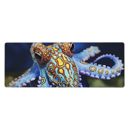 Großes Gaming-Mauspad XL 80 x 30 cm – blaue Ringel-Kraken-Schreibtischunterlage für Tastatur und Maus, waschbares Tastatur-Pad mit rutschfester Unterseite, wasserdichtes Mauspad für Gamer, Büro von LKWSCGHM