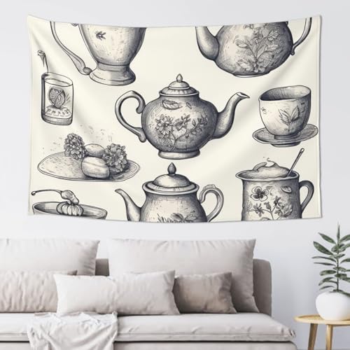 LKWSCGHM Handgezeichnete Teekannen und Tassen, Wandteppich für Schlafzimmer, ästhetische Wandkunst, Wandbehang für Studentenwohnheim, Dekoration, Hintergrund, Party-Banner, lustiges Poster von LKWSCGHM