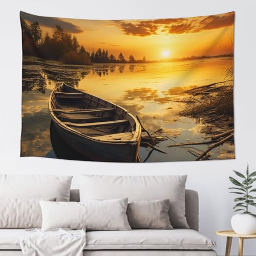 LKWSCGHM River Sunset Holz-Boot-Wandteppich für Schlafzimmer, ästhetische Wandkunst, Wandbehang für Studentenwohnheim, Dekoration, Hintergrund, Party-Banner, lustiges Poster, Wanddekoration, 152,4 x LKWSCGHM River Sunset Holz-Boot-Wandteppich für Schlafzimmer, ästhetische Wandkunst, Wandbehang für Studentenwohnheim, Dekoration, Hintergrund, Party-Banner, lustiges Poster, Wanddekoration, 152,4 x von LKWSCGHM