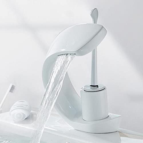 Badezimmer Wasserhahn Wasserfall Heiß und Kalt Badezimmer Wasserhahn Messing Einloch Waschbecken Wasserhahn-Weiß(Noir) von LKYAQJKGQ