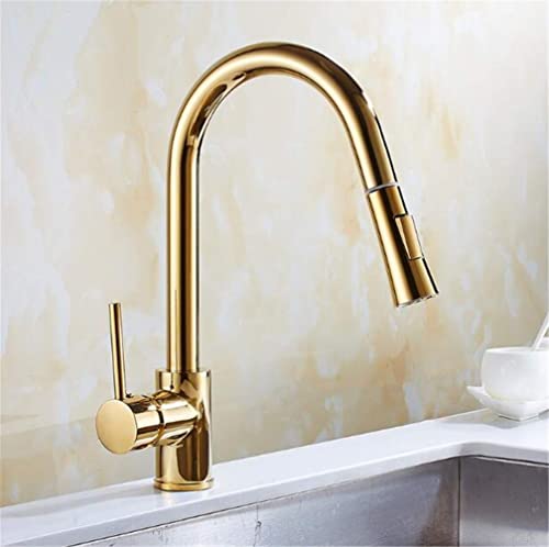 Küchenarmatur Ausziehbarer Sprühkopf Küchenmischer Deckmontage Küchenspüle Wasserhahn Kran Kaltes Warmwasser Torneira Cozinha 360 Schwenkbarer Einzelgriff Golden(Gold) von LKYAQJKGQ