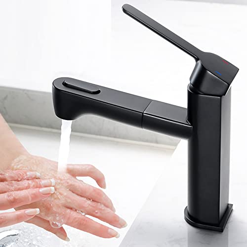 Waschtischarmatur mit herausziehbarer Brause, Messing, Warm- und Kaltwasser, Einlochmontage, 360° schwenkbar, Badezimmer-Waschbeckenarmatur, Schwarz(Noir) von LKYAQJKGQ