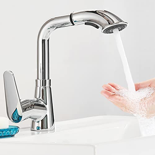 Waschtischarmatur mit herausziehbarer Brause, Messing, Warm- und Kaltwasser, Einlochmontage, 360° schwenkbar, Badezimmer-Waschbeckenarmatur, Schwarz von LKYAQJKGQ