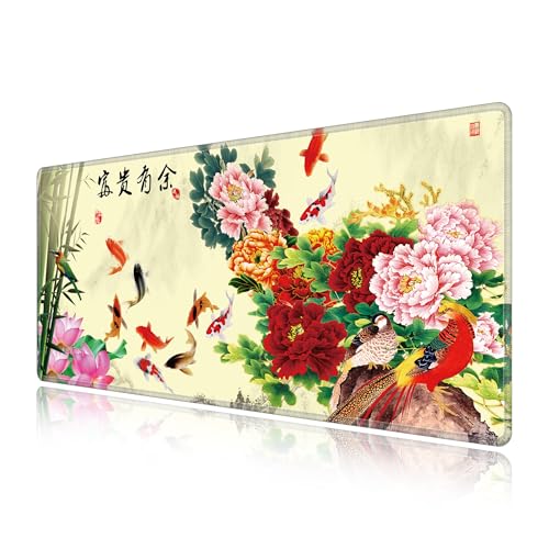 LL-COEUR Große Gaming Laptop Mauspad PC Tastatur Mausmatte XXL Schreibtischunterlage Büro Desk Pad Schreibunterlage Tuschmalerei Landschaftsmalerei Blumen Vögel (Fisch, 700 x 300 x 3 mm) von LL-COEUR