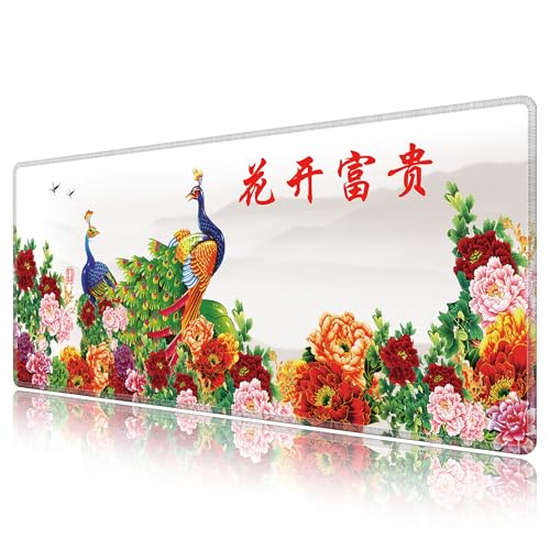 LL-COEUR Große Gaming Laptop Mauspad PC Tastatur Mausmatte XXL Schreibtischunterlage Büro Desk Pad Schreibunterlage Tuschmalerei Landschaftsmalerei Blumen Vögel (Pfau, 900 x 400 x 3 mm) von LL-COEUR