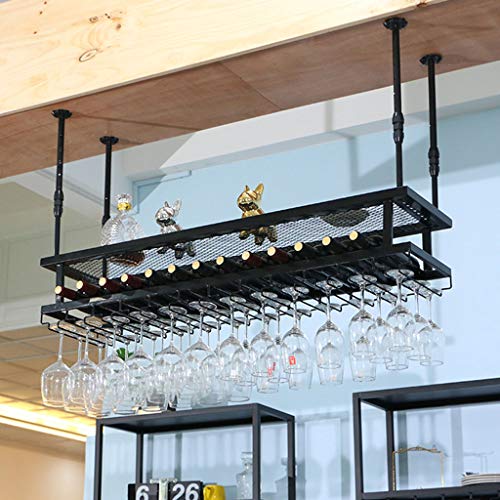 LLBFZ Weinregale Café zum Aufhängen mit Glashalter und Regal, schwarzes verstellbares Weinglasregal aus Metall an der Decke, 2-lagiger industrieller Flaschenhalter aus Eisen, Weinregal/120 x 30 cm von LLBFZ