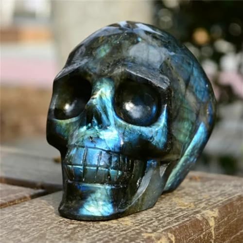 LLBOGRGGN 1pc 8cm Special Labradorite Skull Stone - Bohemian Style Hand-Carved Crystal with Iridescent Blue, Green, Purple & Yellow Play von LLBOGRGGN