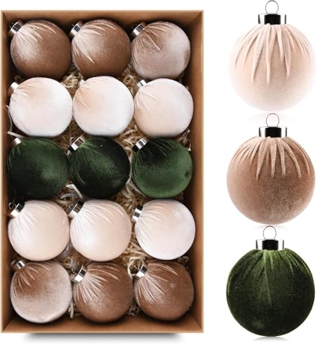 LLECDASEUI Weihnachtsbaum Ornamente Samtkugeln - Packung Mit 15 Stück Bruchsicher Weihnachten Glühbirnen Dekorationen Set - Multicolor Grün Braun Neutral, 80mm 3.15 Zoll (15 Stück) von LLECDASEUI