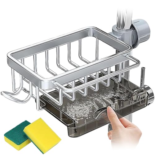Kitchen Sink Faucet Organizer, Sink Organizer Rack for Kitchen and Bathroom, Sponge Holder for Kitchen Sink with Drain Tray, Dish Sponge Holder for 0.7-1.1inch Round Water Pipe (Left Silver) von LLELEMAMO