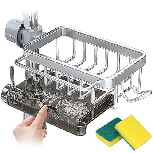 Kitchen Sink Faucet Organizer, Sink Organizer Rack for Kitchen and Bathroom, Sponge Holder for Kitchen Sink with Drain Tray, Dish Sponge Holder for 0.7-1.1inch Round Water Pipe (Right Silver) von LLELEMAMO