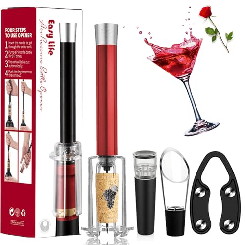 MIRACLEW Wine Opener, Air Pump Cork Remover Wine Bottle Opener Set, Miracle Air Pressure Wine Opener Set, With Bottle Opener, Vacuum Stopper, Wine Pourer, Paper Cutter (Red-A) von LLELEMAMO