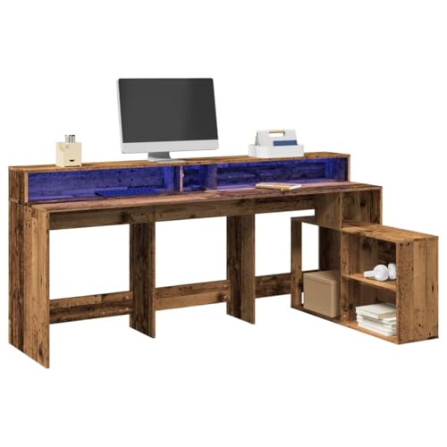 LLEZKBR Büroschreibtisch-Schreibtisch mit LED-Lichtern, altes Holz, 200 x 104 x 91 cm, Holzwerkstoff von LLEZKBR