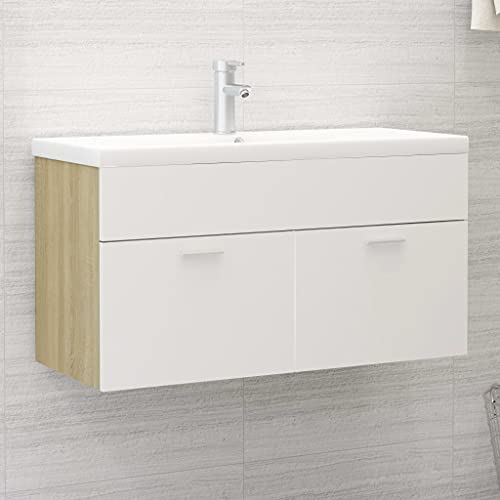LLEZKBR Möbelsets Badmöbel Sets Waschbeckenunterschrank Weiß und Sonoma Eiche 90x38,5x46 cm Holzwerkstoff von LLEZKBR