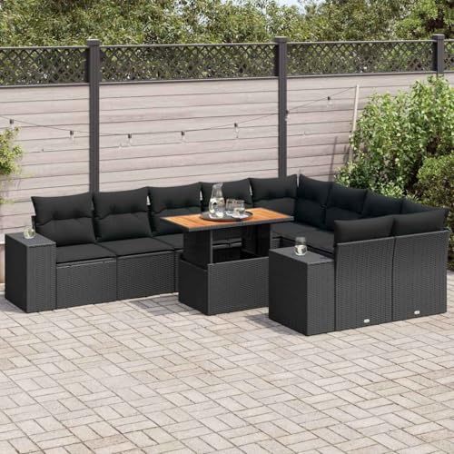 LLEZKBR Outdoor Möbel Sets - 10-teiliges Gartensofa-Set mit Kissen schwarz Poly Rattan Akazie von LLEZKBR