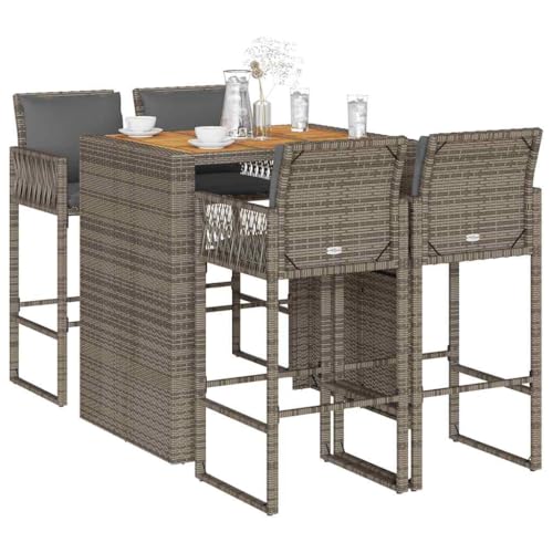 LLEZKBR Outdoor Möbel Sets - 5-teiliges Garten-Bar-Set mit Kissen grau Poly Rattan Akazie von LLEZKBR
