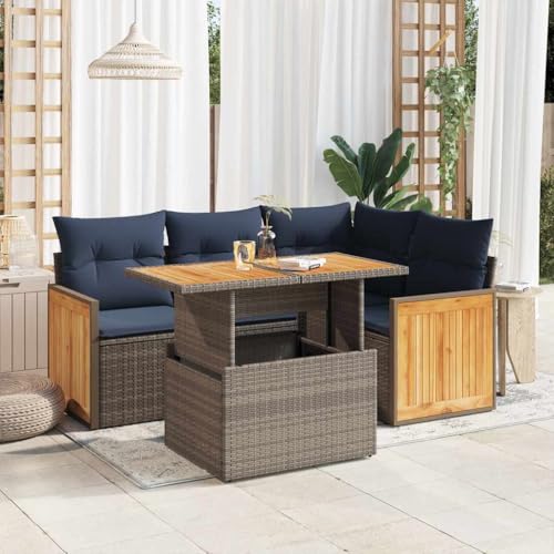 LLEZKBR Outdoor Möbel Sets - 5-teiliges Gartensofa-Set mit Kissen grau Poly Rattan Akazie von LLEZKBR