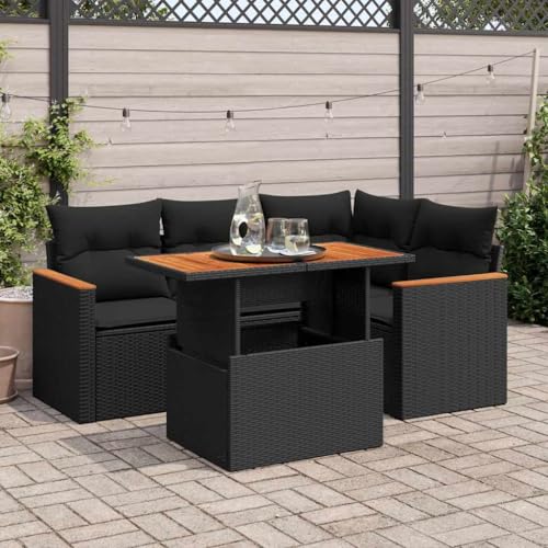 LLEZKBR Outdoor Möbel Sets - 5-teiliges Gartensofa-Set mit Kissen schwarz Poly Rattan Akazie von LLEZKBR