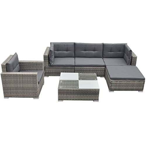 LLEZKBR Outdoor Möbel Sets - 6-teiliges Garten-Lounge-Set mit Kissen Poly Rattan Grau von LLEZKBR