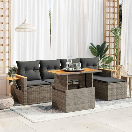 LLEZKBR Outdoor Möbel Sets - 6-teiliges Gartensofa-Set mit Kissen grau Poly Rattan Akazie LLEZKBR Outdoor Möbel Sets - 6-teiliges Gartensofa-Set mit Kissen grau Poly Rattan Akazie von LLEZKBR