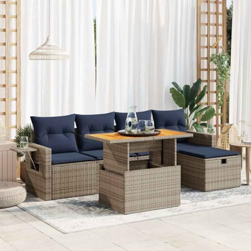 LLEZKBR Outdoor Möbel Sets - 6-teiliges Gartensofa-Set mit Kissen grau Poly Rattan Akazie von LLEZKBR