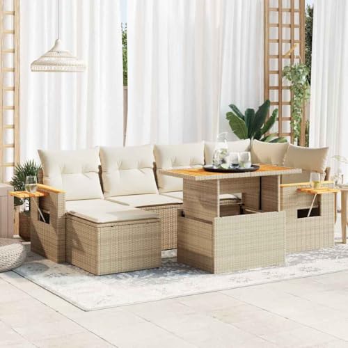 LLEZKBR Outdoor Möbel Sets - 7-teiliges Gartensofa-Set mit Kissen Beige Poly Rattan Akazie LLEZKBR Outdoor Möbel Sets - 7-teiliges Gartensofa-Set mit Kissen Beige Poly Rattan Akazie von LLEZKBR
