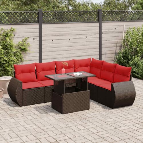 LLEZKBR Outdoor Möbel Sets - 7-teiliges Gartensofa-Set mit Kissen braun Poly Rattan Akazie von LLEZKBR