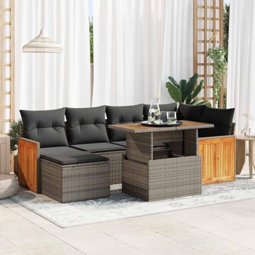 LLEZKBR Outdoor Möbel Sets - 7-teiliges Gartensofa-Set mit Kissen grau Poly Rattan Akazie LLEZKBR Outdoor Möbel Sets - 7-teiliges Gartensofa-Set mit Kissen grau Poly Rattan Akazie von LLEZKBR