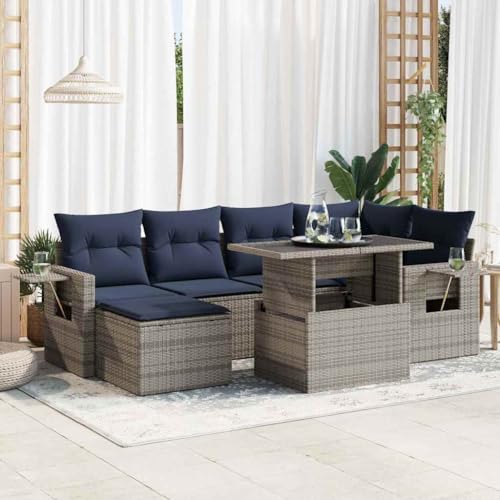 LLEZKBR Outdoor Möbel Sets - 7-teiliges Gartensofa-Set mit Kissen grau Poly Rattan Akazie von LLEZKBR