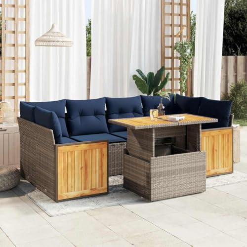 LLEZKBR Outdoor Möbel Sets - 7-teiliges Gartensofa-Set mit Kissen grau Poly Rattan Akazie von LLEZKBR