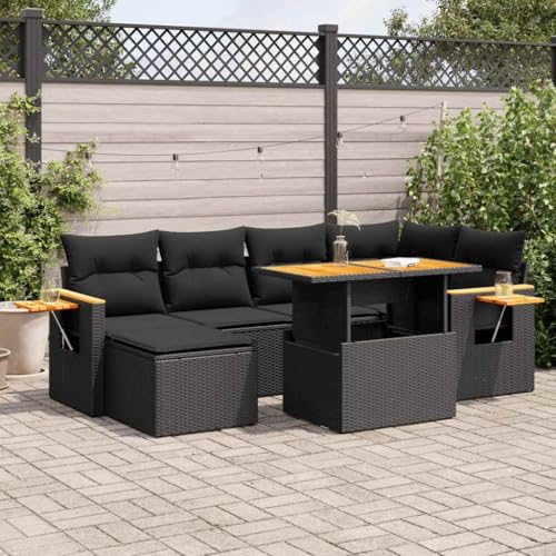 LLEZKBR Outdoor Möbel Sets - 7-teiliges Gartensofa-Set mit Kissen schwarz Poly Rattan Akazie von LLEZKBR
