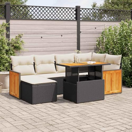 LLEZKBR Outdoor Möbel Sets - 7-teiliges Gartensofa-Set mit Kissen schwarz Poly Rattan Akazie von LLEZKBR