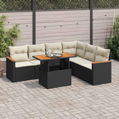 LLEZKBR Outdoor Möbel Sets - 7-teiliges Gartensofa-Set mit Kissen schwarz Poly Rattan Akazie von LLEZKBR