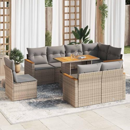 LLEZKBR Outdoor Möbel Sets - 9-teiliges Gartensofa-Set mit Kissen Beige Poly Rattan Akazie von LLEZKBR