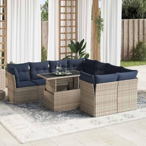 LLEZKBR Outdoor Möbel Sets - 9-teiliges Gartensofa-Set mit Kissen grau Poly Rattan Akazie von LLEZKBR