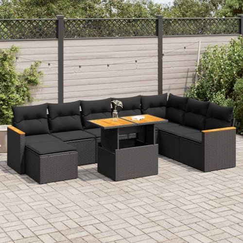 LLEZKBR Outdoor Möbel Sets - 9-teiliges Gartensofa-Set mit Kissen schwarz Poly Rattan Akazie von LLEZKBR