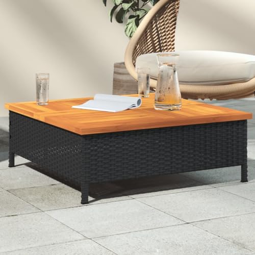 LLEZKBR Outdoor Tisch Gartentisch Schwarz 70x70x25cm Rattan und Akazienholz von LLEZKBR