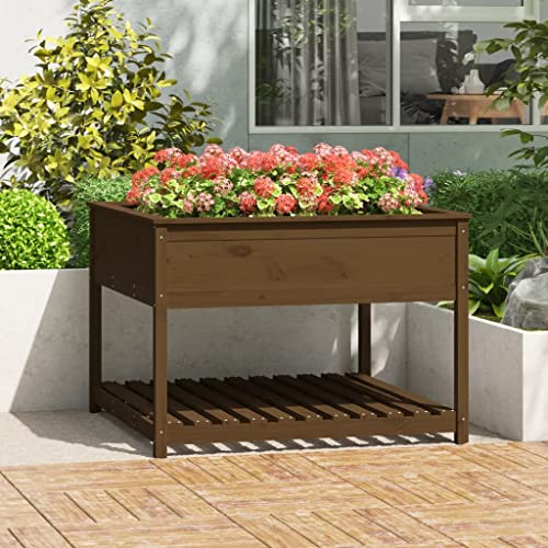 LLEZKBR Rasen & Gartenarbeit - Töpfe & Pflanzgefäße - Pflanzgefäß mit Ablage braun 111,5x111,5x81cm Kiefer Massivholz von LLEZKBR