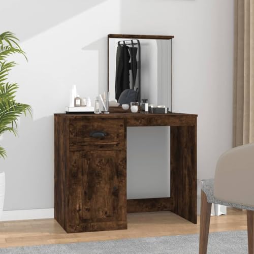 LLEZKBR Schminktisch mit Spiegel, Raucheiche, 90 x 50 x 132,5 cm, Holzwerkstoff von LLEZKBR