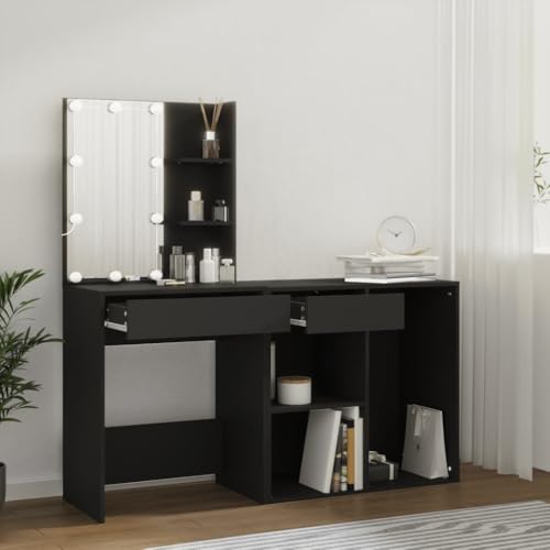 LLEZKBR Schränke und Aufbewahrung, Waschtische, Schlafzimmer-Schminktische, LED-Schminktisch mit Schrank, schwarzes Holzwerkstoff von LLEZKBR