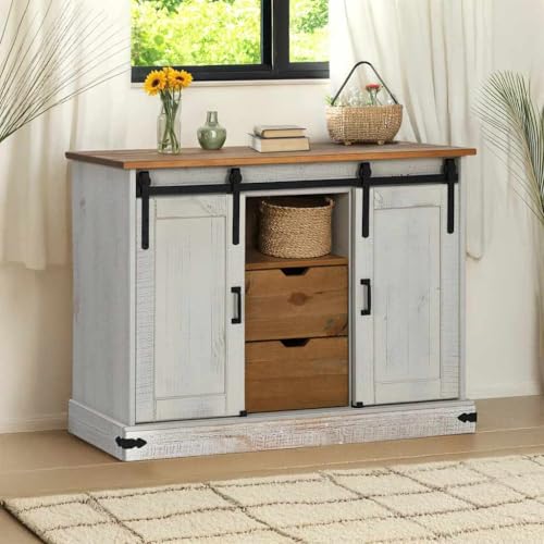 LLEZKBR Schränke & Aufbewahrung-Buffets & Sideboards Sideboard HALDEN 2 Schiebetüren Weiß 112x40x80cm Massivholz von LLEZKBR