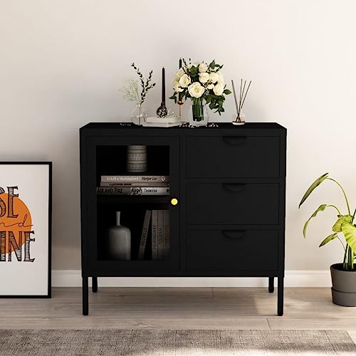 LLEZKBR Schränke & Aufbewahrung-Buffets & Sideboards-Sideboard schwarz 75x35x70 cm Stahl und gehärtetes Glas von LLEZKBR